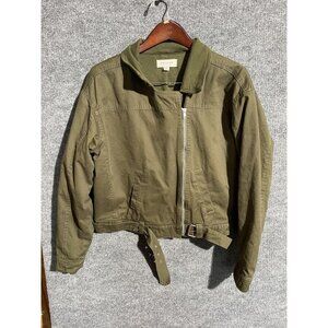 PacSun Jacket Womens M/L Green Cotton Twill Belted Zip Short Moto Collared